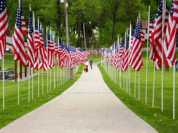 Picture of sidewalk flanked on two sides by US flags