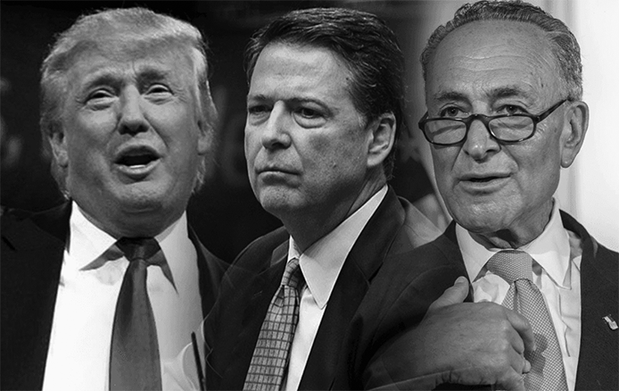 Grayscale picture of Donald Trump, James Comey, and Chuck Schumer