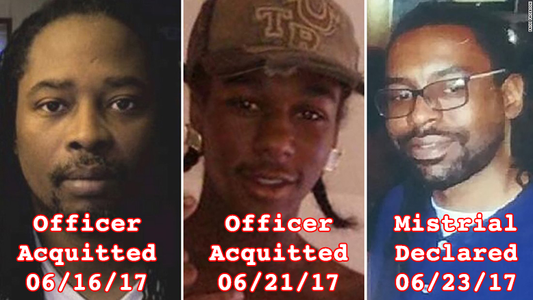 Cover photo for the post, showing side-by-side pictures of Philando Castile, Sylville Smith, and Samuel Dubose, each with dates superimposed of when the police officer who killed each one was acquitted