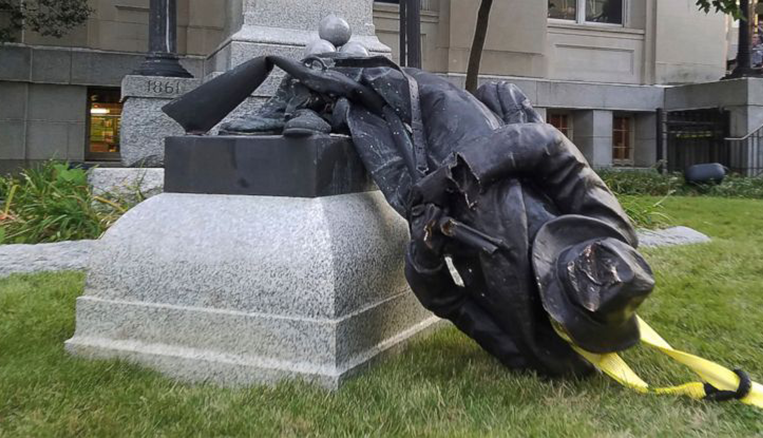 Picture of Durham's Confederate monument after being toppled