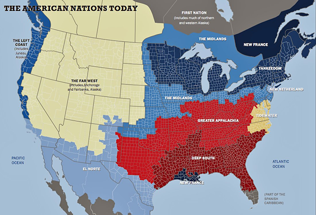 Precinct map of America, with colors corresponding to the current "nations" as identified by Tufts University researchers