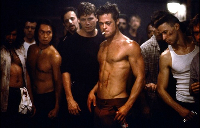 Screenshot from the movie Fight Club, discussing the First Rule