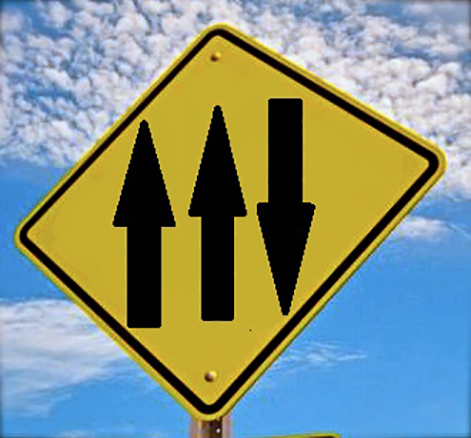 Picture of traffic sign with 2 forward arrows and 1 backward arrow