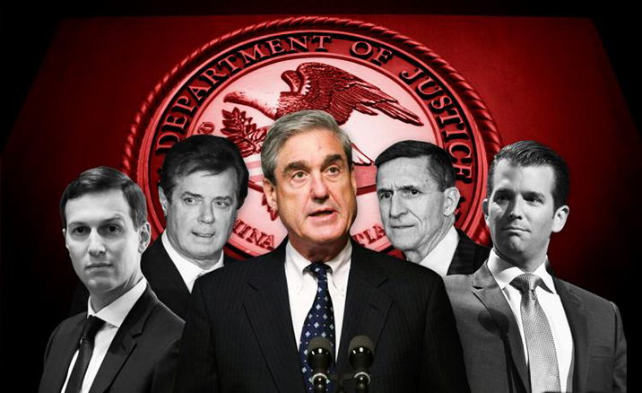 Picture of Robert Mueller in color at foreground, with grayscale background profiles of Jared Kushner, Paul Manafort, Michael Flynn, and Donald Trump Jr