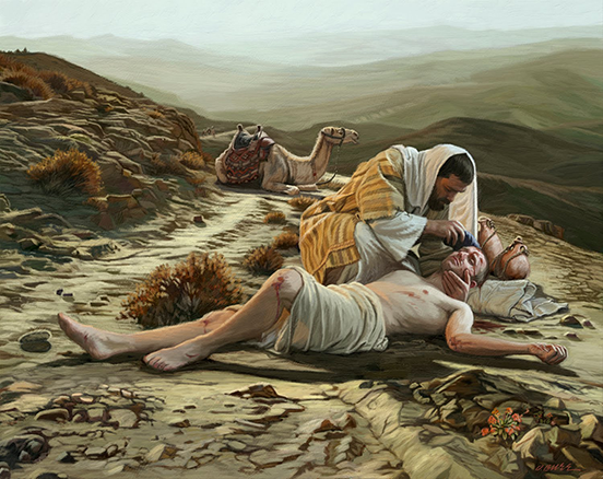 Painting of the Good Samaritan helping a beaten man on the side of the road