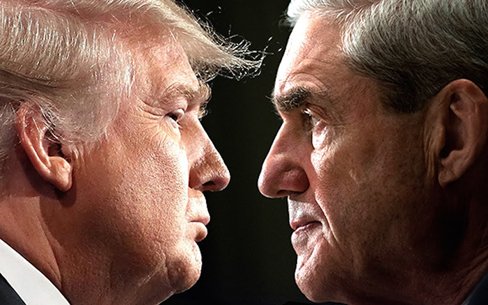 Face-off picture with Donald Trump on the left, facing rightward, and Robert Mueller on the right, facing leftward