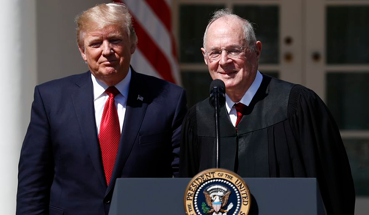 Picture of Donald Trump standing next to Justice Anthony Kennedy announcing Kennedy's resignation