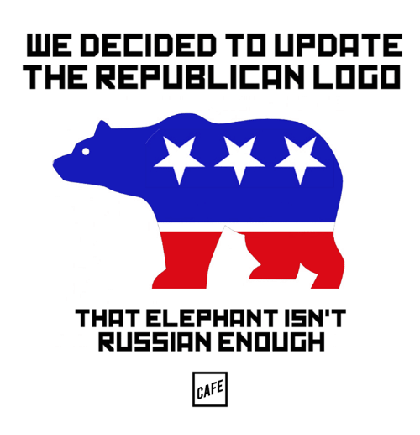 Picture of a bear silhouette facing left, colored like the Republican Party logo, with text that reads "We decided to update the Republican logo. That elephant isn't Russian enough."