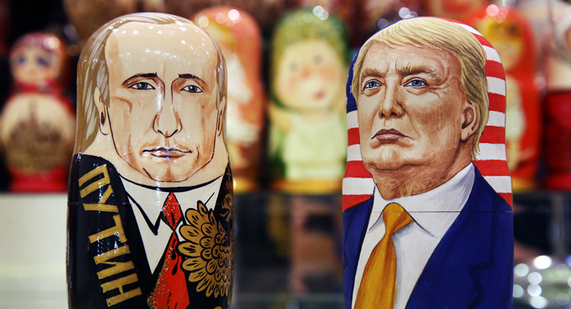 Picture of Russian nesting dolls of Vladimir Putin and Donald Trump