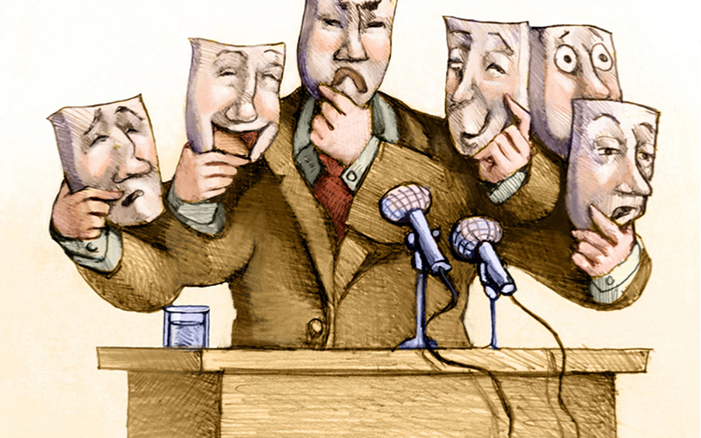 Episode Cover Art, picture of person at podium wearing a mask, with multiple sets of hands holding other masks with different facial expressions