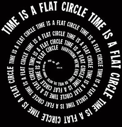 Cover art of a picture of a repeating, expanding spiral of the words "Time is a Flat Circle"