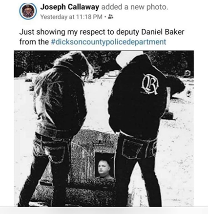 Photo that led to the arrest of a Tennessee man, taken from the album cover of "Pissing On Your Grave" by The Rites. Shows two individuals urinating on a tombstone, with a picture of a deceased police officer photoshopped onto the headstone.